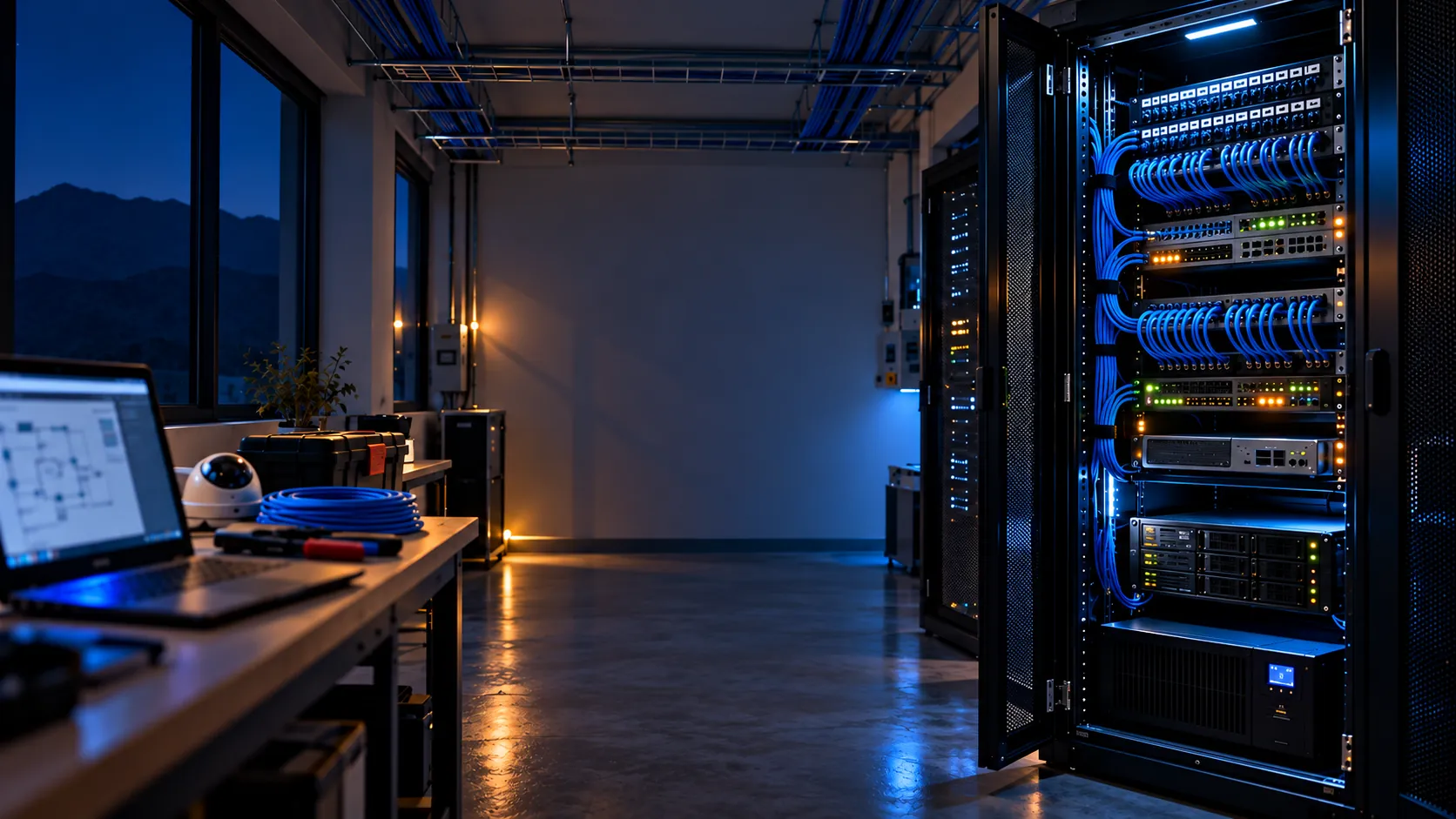 Sala técnica de noche iluminada por los equipos del rack