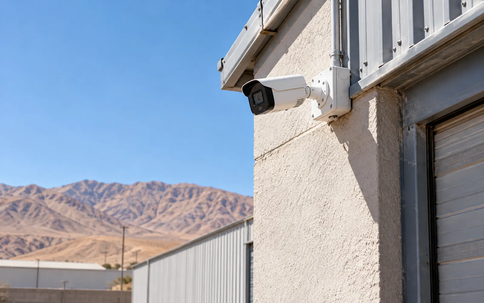 Cámara de seguridad instalada en el exterior de una bodega