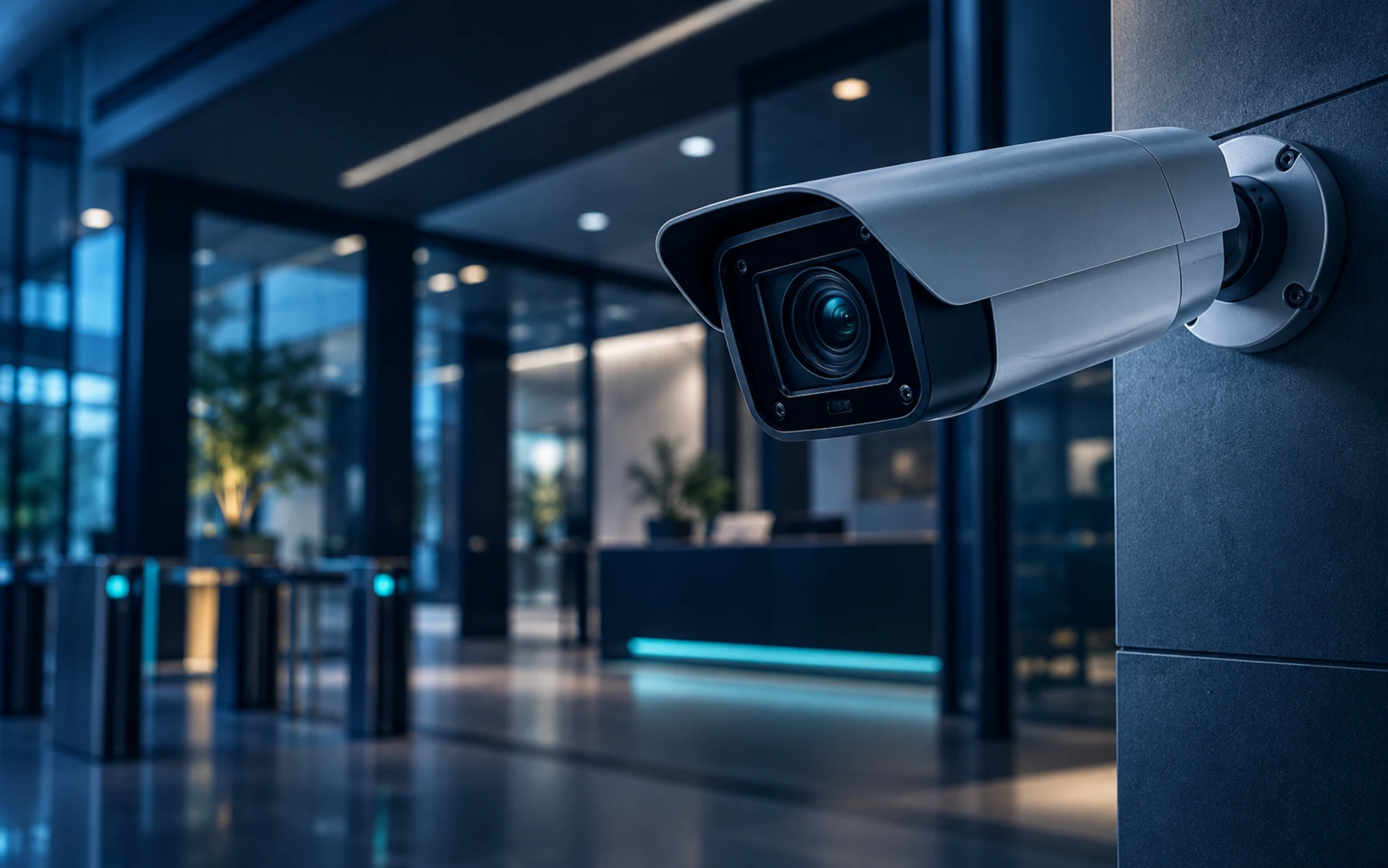 Cámara de seguridad moderna en espacio corporativo